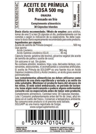 Aceite de Prímula de Rosa 500 mg - 30 Cápsulas blandas