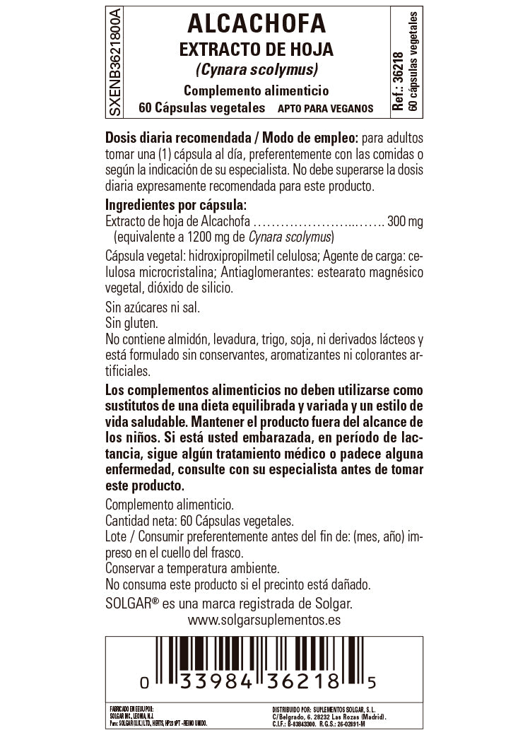Alcachofa (Extracto de Hoja) (Cynara scolymus) - 60 Cápsulas vegetales
