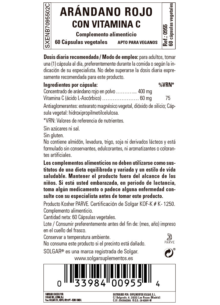 Arándano Rojo (Vaccinium macrocarpon) con Vitamina C – 60 Cápsulas vegetales