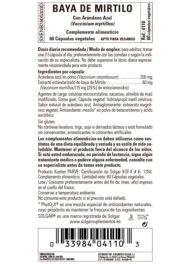Mirtilo Extracto de baya con Arándano (Vaccinium myrtillus) - 60 Cápsulas vegetales