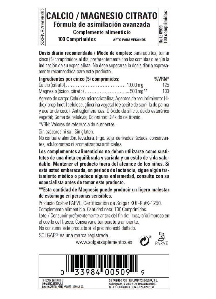Calcio / Magnesio Citrato - 100 Comprimidos