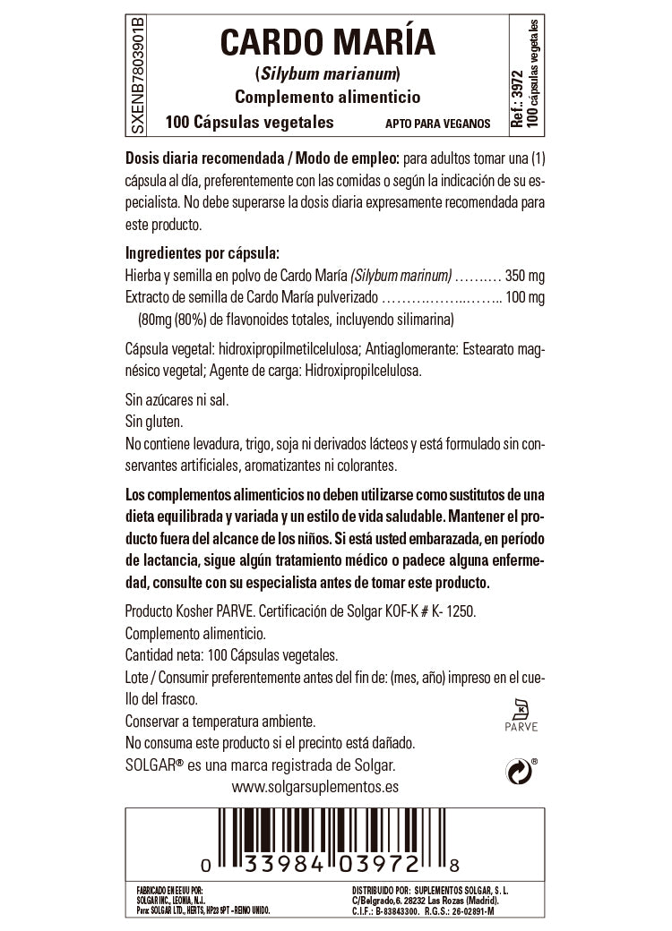 Cardo María (Silybum marianum) - 100 Cápsulas vegetales