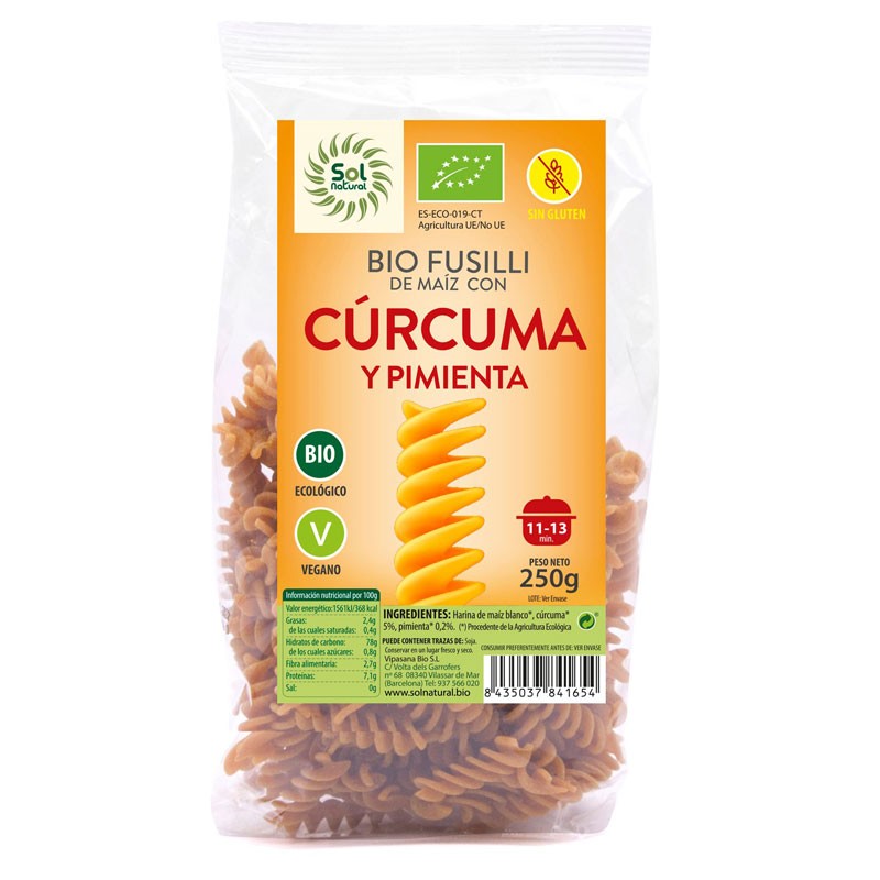 Fusilli de Maiz curcuma y pimienta s/gluten Bio 250g Sol Natural
