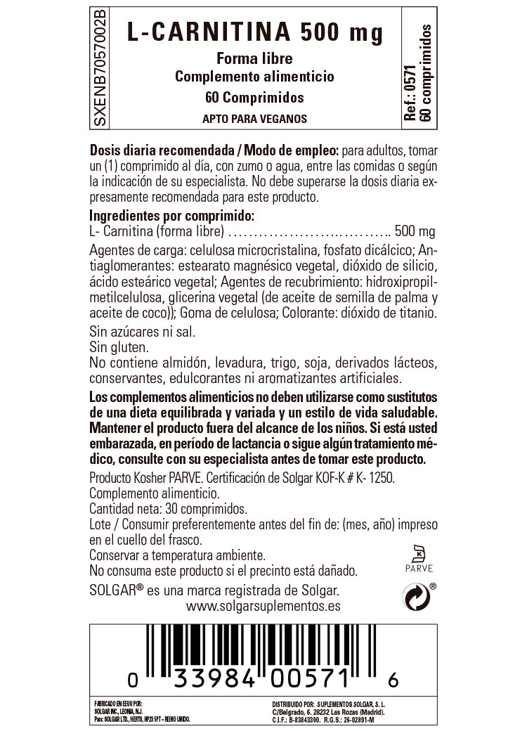 L-Carnitina 500 mg - 60 Comprimidos