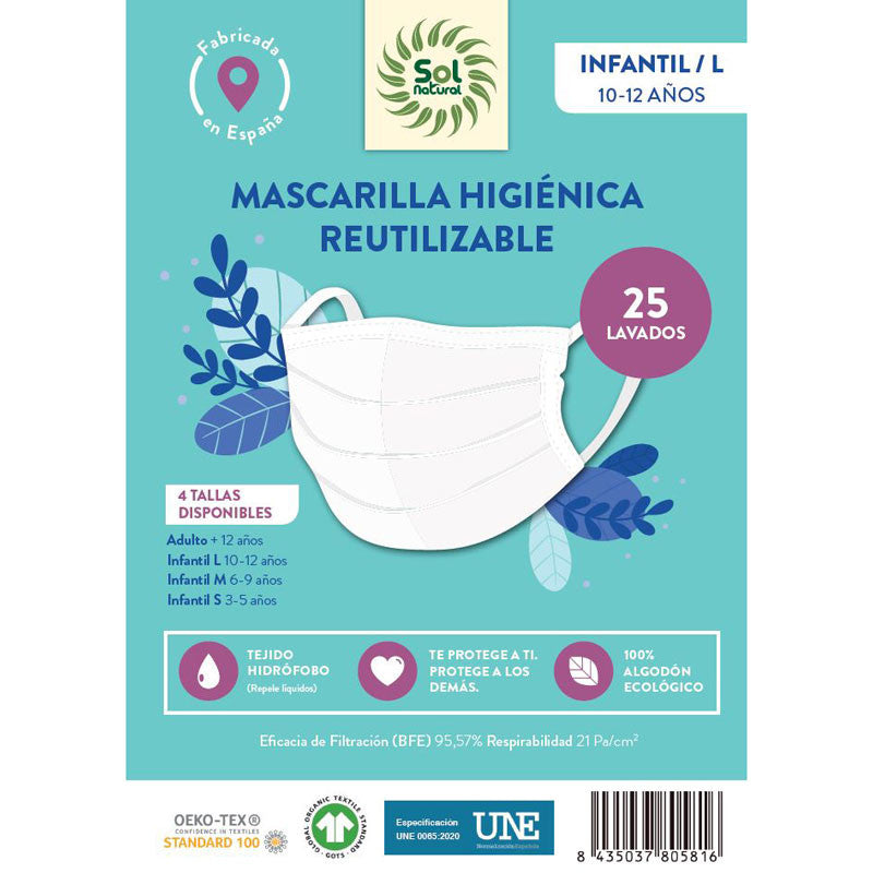 Mascarilla Algodon Organico Higienica reutilizable INFANTIL/L Sol Natural