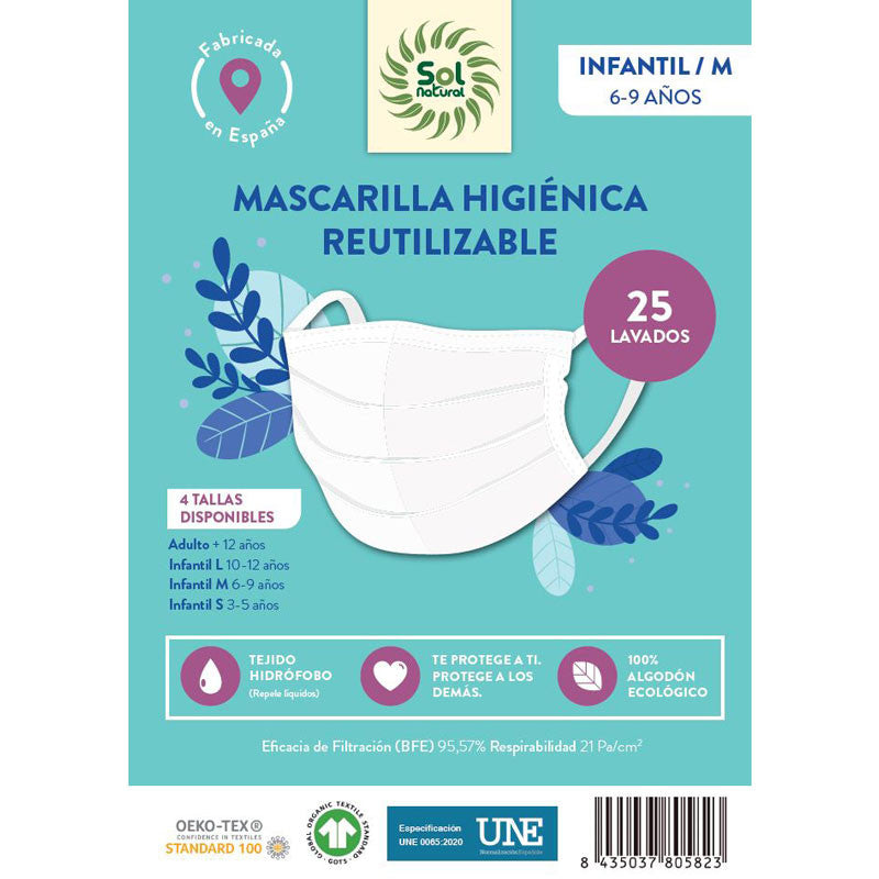 Mascarilla Algodon Organico reutilizable INFANTIL/M Sol Natural