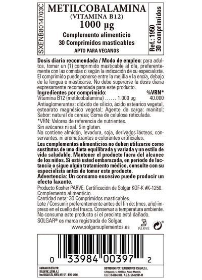 Vitamina B12 1000 mcg (Metilcobalamina) - 30 Comprimidos sublinguales - masticables