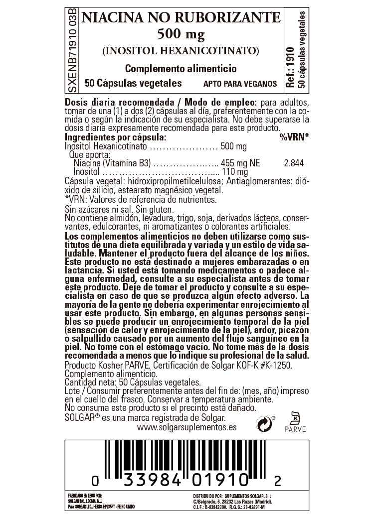 Niacina no ruborizante 500 mg - 50 Cápsulas vegetales