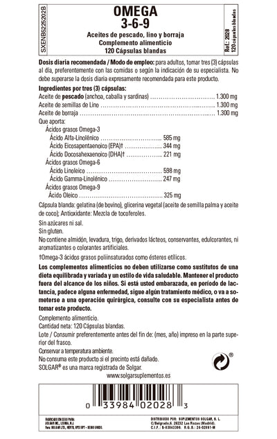 Omega 3-6-9 (Pescado, Lino y Borraja) 120 Cápsulas blandas - Solgar