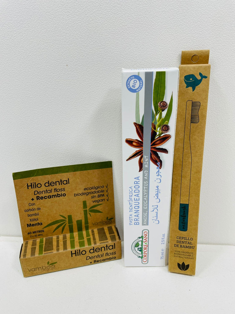 Pack Hilo Dental + Dentífrico Blanqueante de Anis, Eucalipto y Menta + Cepillo de Dientes Bambú.