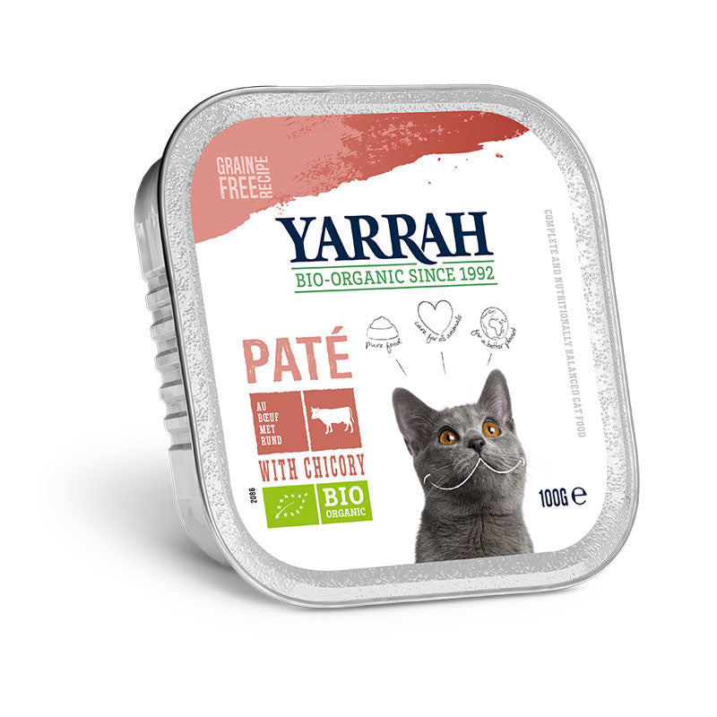 Pate para gatos con ternera y pollo tarrina bio 100g Yarrah