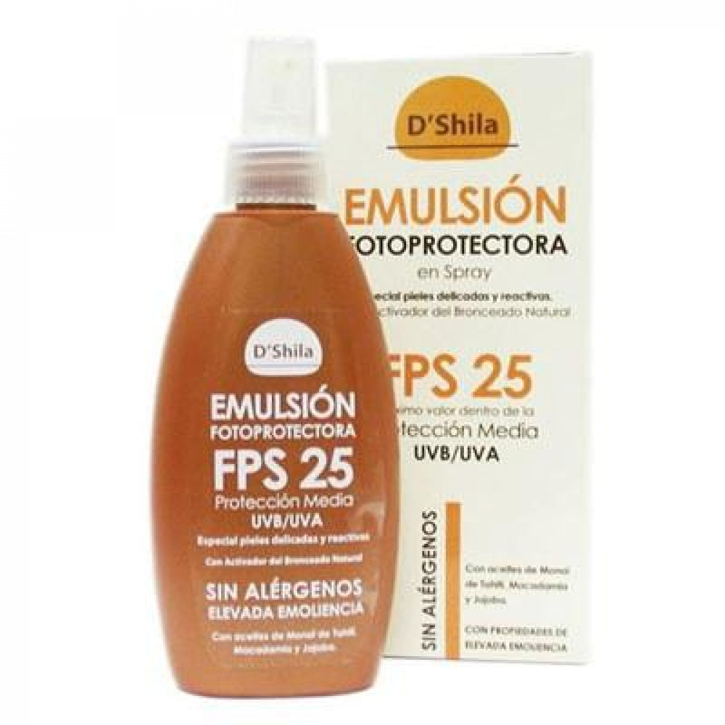 Emulsión fotoprotectora en spray para pieles delicadas factor 25, 200ml - D`SHILA