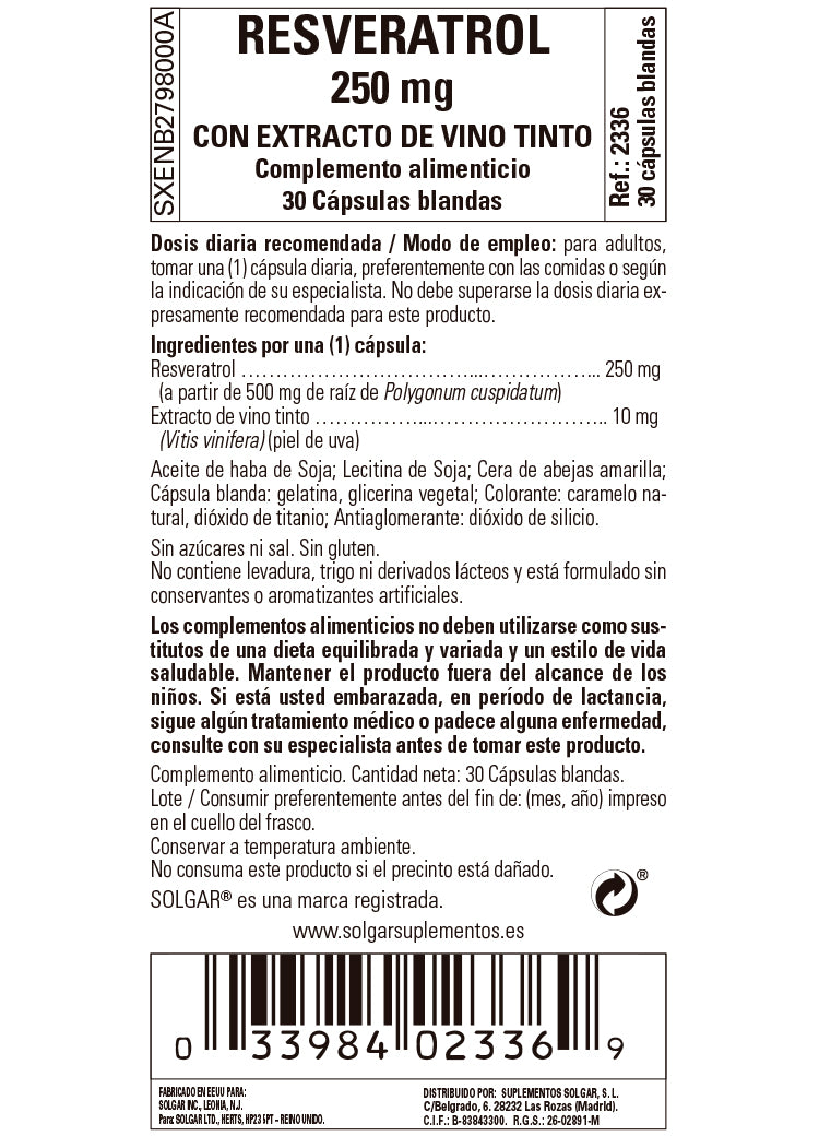 Resveratrol 250 mg con Extracto de Vino Tinto - 30 Cápsulas blandas