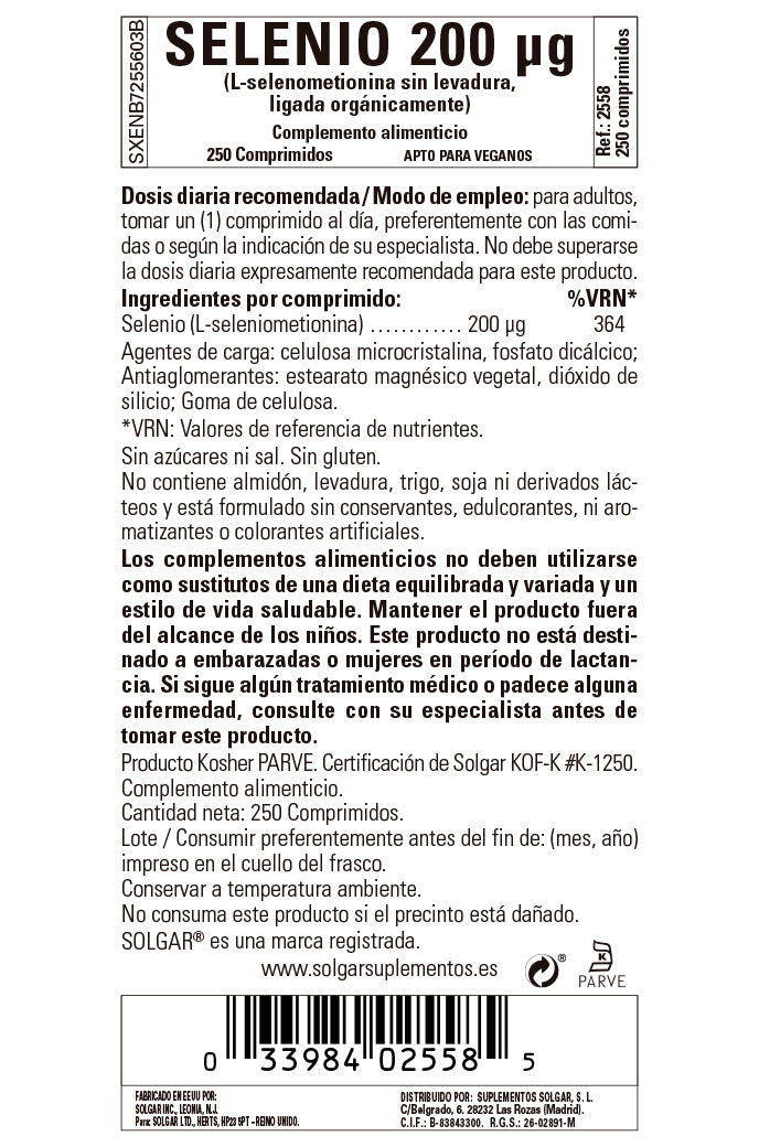 Selenio 200 µg (Sin levadura) - 250 Comprimidos