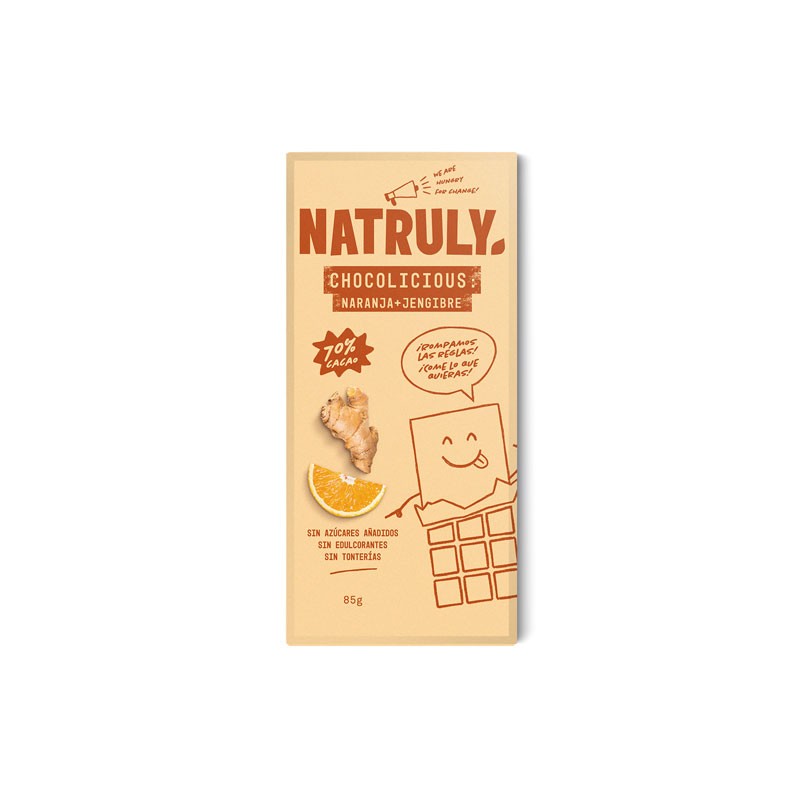 Tableta de Chocolate con naranja y jengibre 70% 85g Natruly