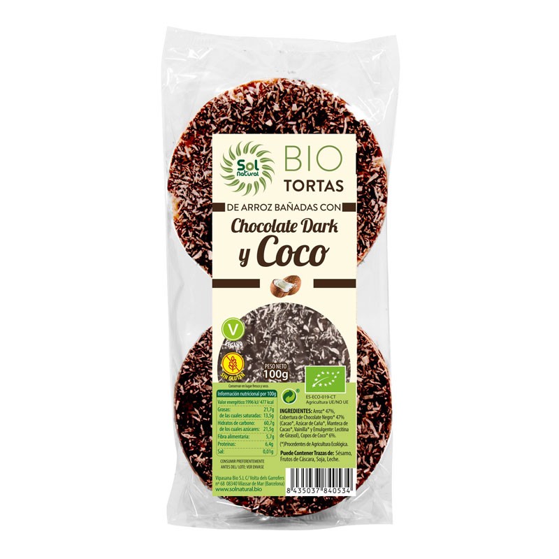 Tortitas de arroz chocolate dark y coco bio 100g Sol Natural