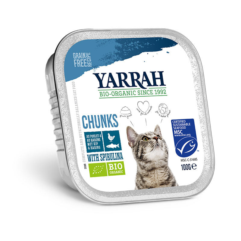 Trozos para gatos con pescado tarrina bio 100g Yarrah