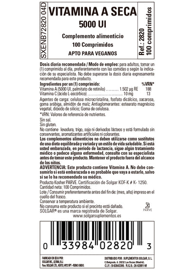 Vitamina A "Seca" 5000 UI (palmitato) - 100 comprimidos