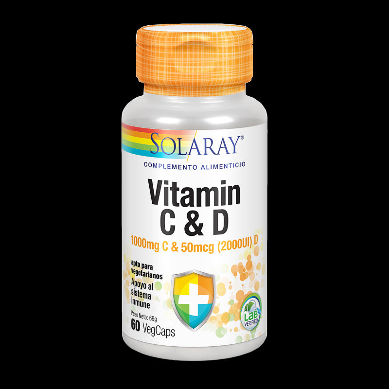 Vitamin C ( 1000 mg) + D ( 2000UI) - 60 Vegcaps. Apto para vegetarianos.
