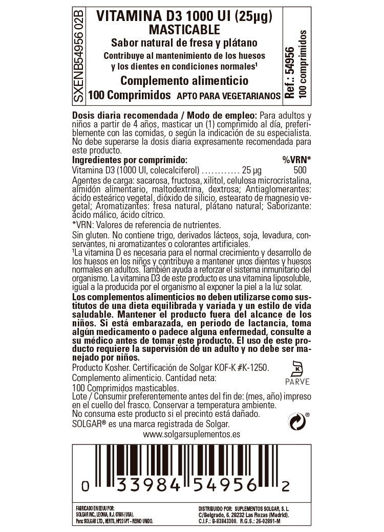 Vitamina D3 1000 UI  (25 µg) (Colecalciferol) - 100 comprimidos masticables