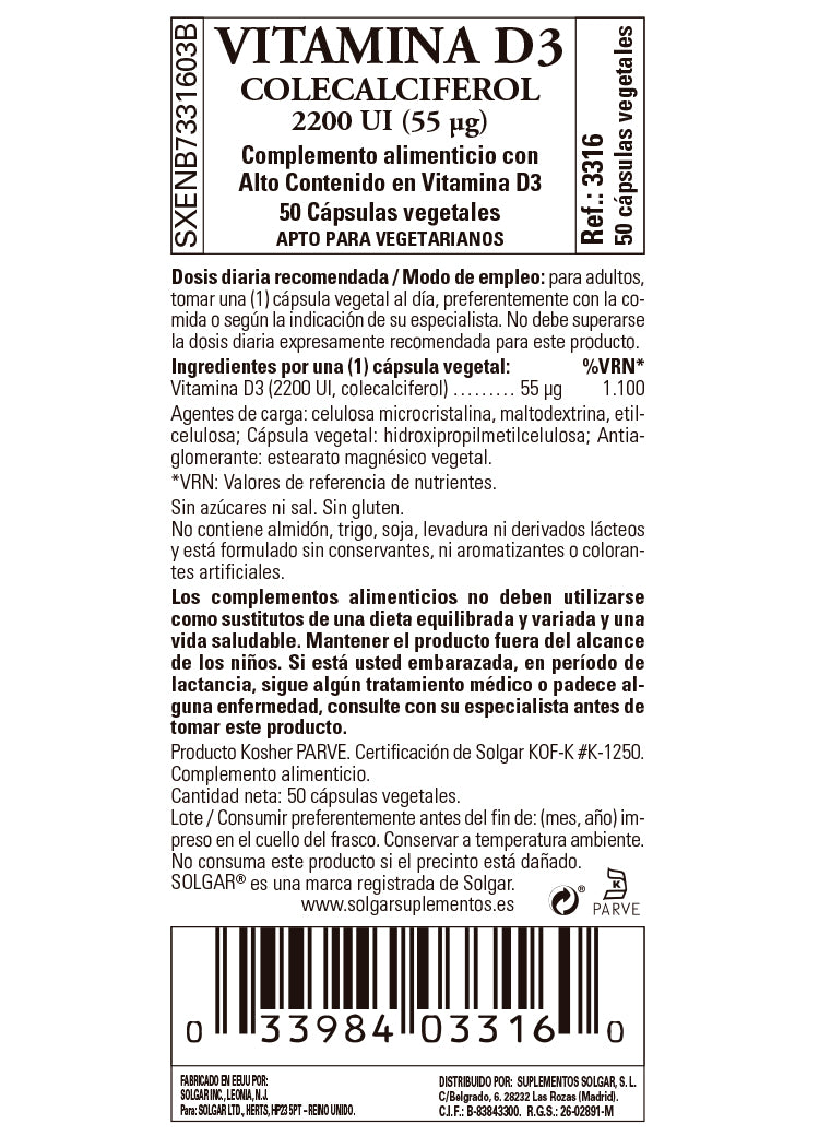 Vitamina D3 2200 UI (55 ?g)  (Colecalciferol) - 50 cápsulas vegetales