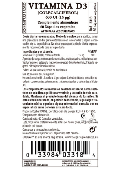 Vitamina D3 600 UI (15 ?g) (Colecalciferol) - 60 cápsulas vegetales