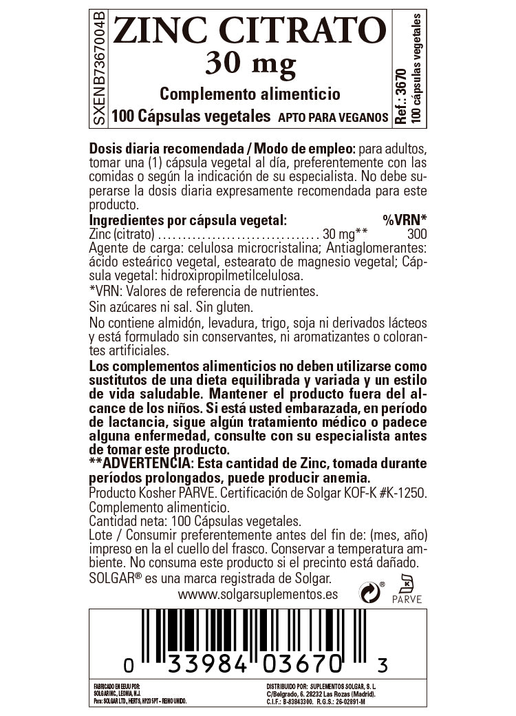 Zinc Citrato 30 mg - 100 Cápsulas vegetales